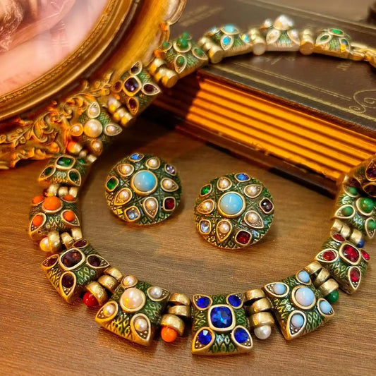 Fashion court gems color exaggerated enamel alloy medieval necklace earrings