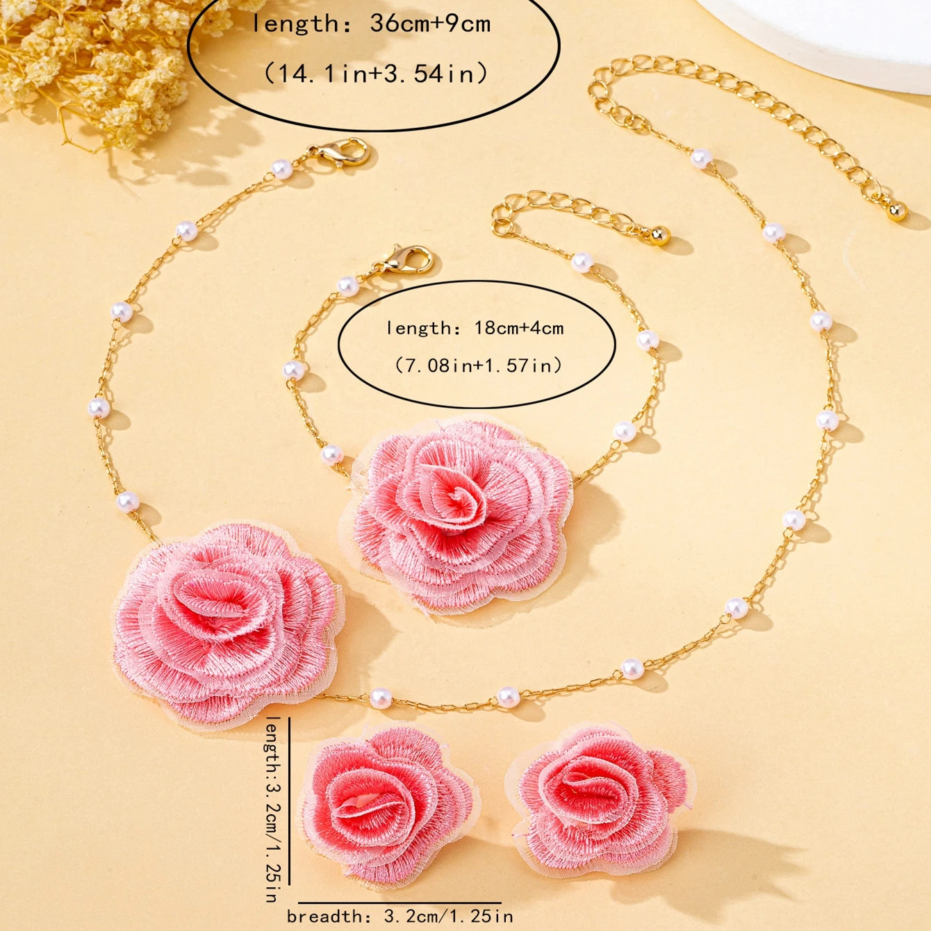 Women Jewelry Set Elegant Fabric Flower Imitation Pearl Necklace Bracelet Stud Earrings Bohemian Jewelry for Daily and Holiday Wear