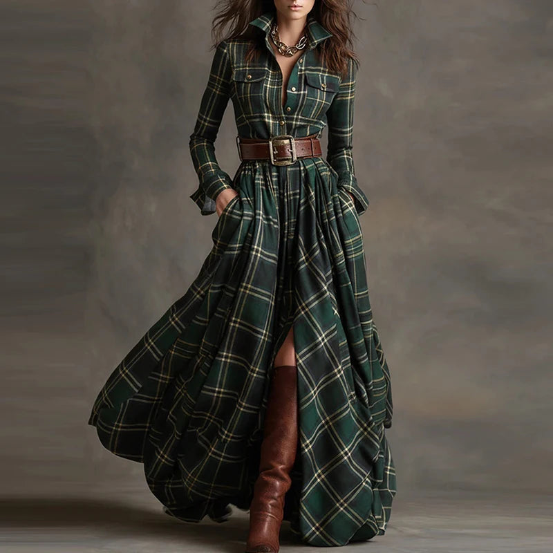 Boho Woman Clothing Elegant Shirt Collar Button Loose Long Dresses Retro New Plaid Print Pocket Swing Autumn Maxi Dress Vestidos