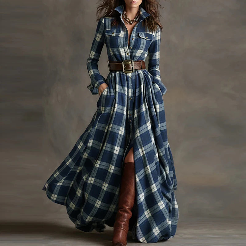 Boho Woman Clothing Elegant Shirt Collar Button Loose Long Dresses Retro New Plaid Print Pocket Swing Autumn Maxi Dress Vestidos