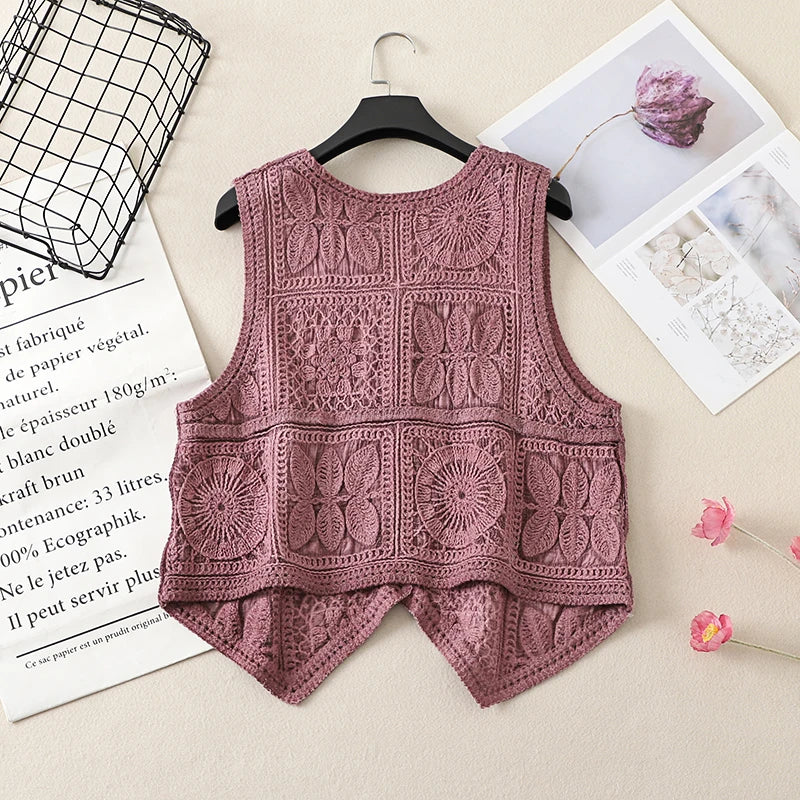 Women's Boho Style Crochet Lace Vest White Beige Green Purple Brown Sleeveless Summer Jackets Coat Hollow Out Knit Cover Ups Top
