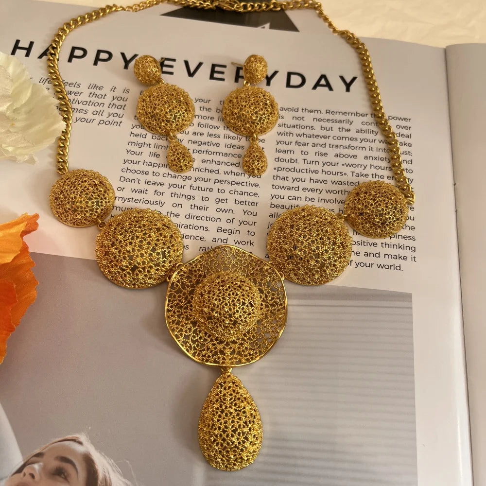 LByzHan Nigerian Jewelery Set Wedding Jewelry For Women Dubai 24K Gold Color Jewlery African Designer Earrings Bridal Necklace