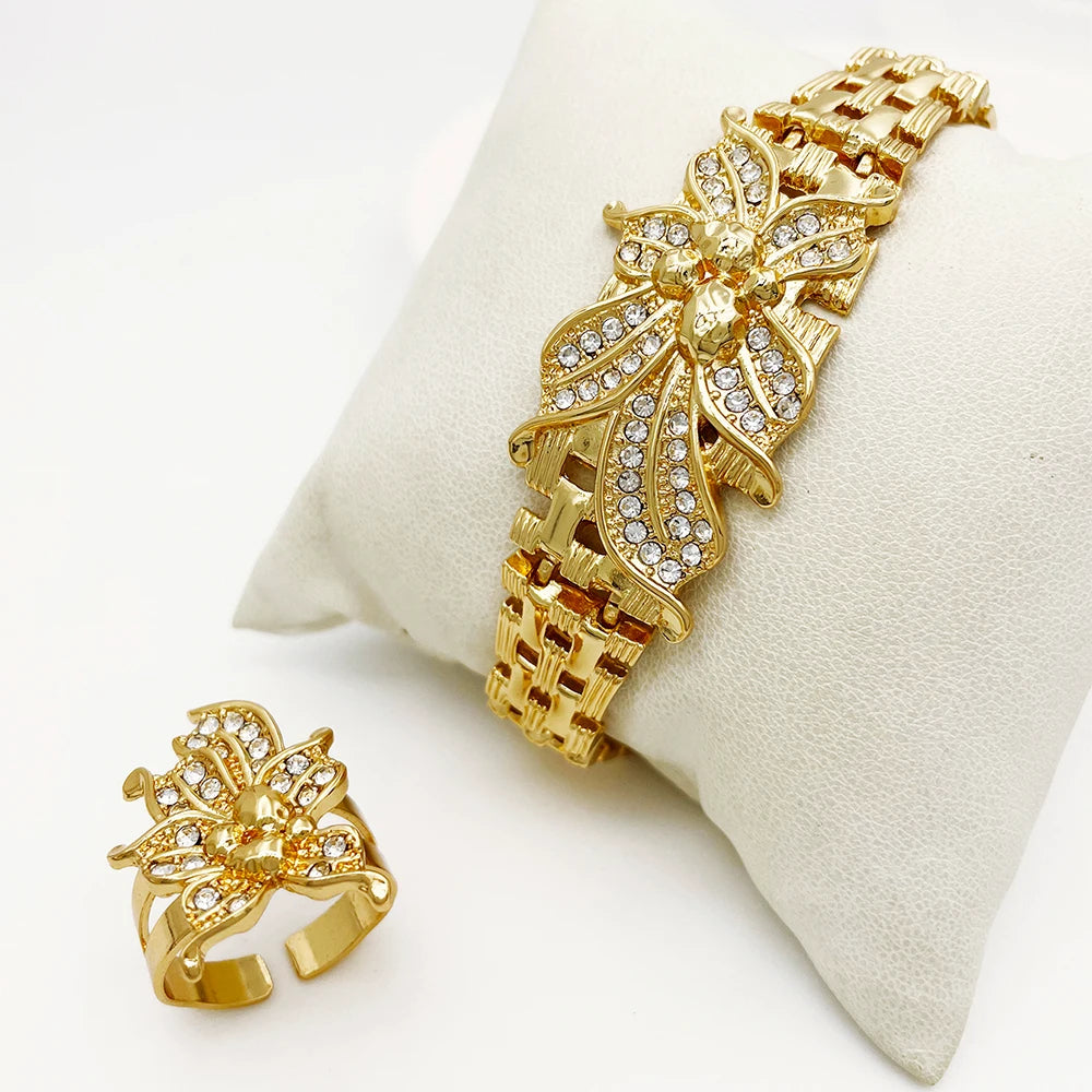 YTJX Wedding Jewelry Set Africal Big Flower Choker Necklace Fine Zircon Bracelet Piercing Earring Ring 18K Gold Plated Jewellery