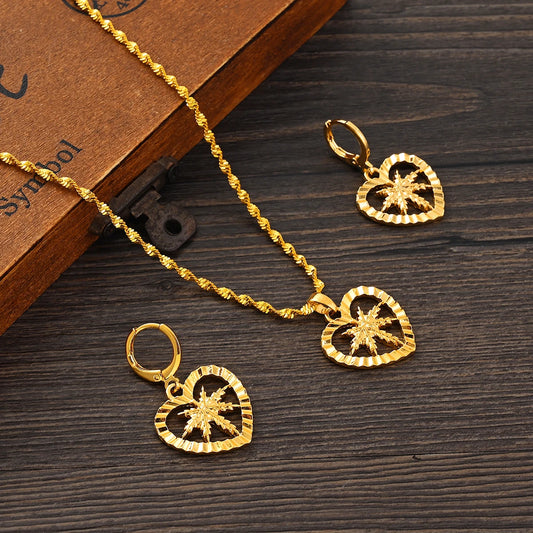 New Trendy Jewellery Gifts Geometric Africa Gold Plated Dubai New Vintage Necklace Earrings Sets For Women