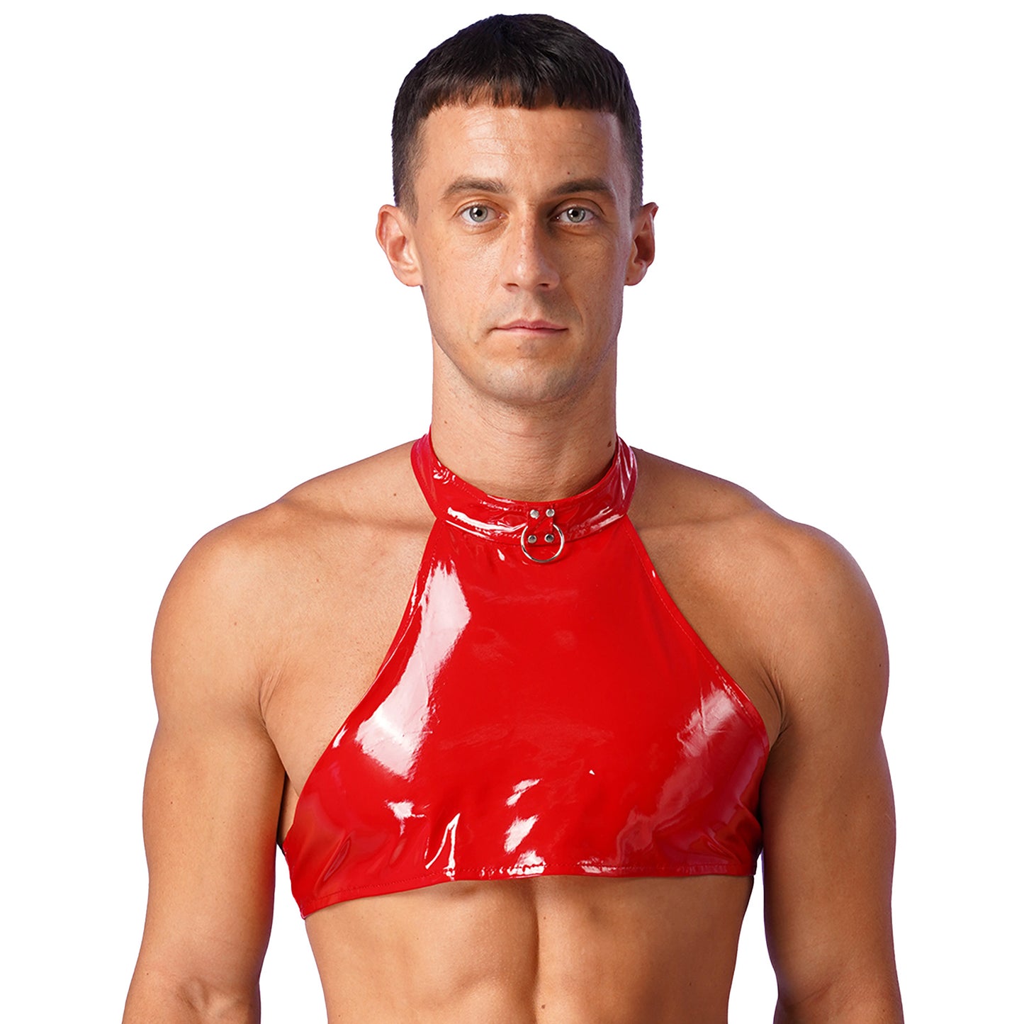 Men Fashion O Ring Halter Vest Crop Tops Wetlook Latex Backless Sleeveless Patent Leather Camisole for Party Club Music Festival