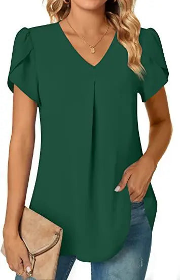 Elegant Women's Top Blouse Flower 2024 Summer Fashion Simplicity Short Sleeve Solid V-Neck Commuter Office Female Shirt S-XXL