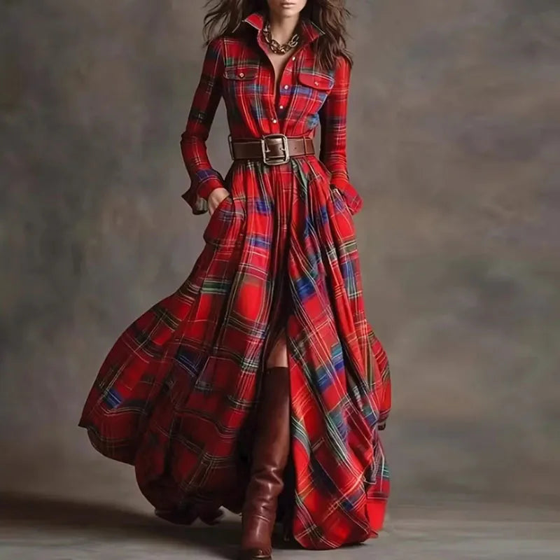 Boho Woman Clothing Elegant Shirt Collar Button Loose Long Dresses Retro New Plaid Print Pocket Swing Autumn Maxi Dress Vestidos