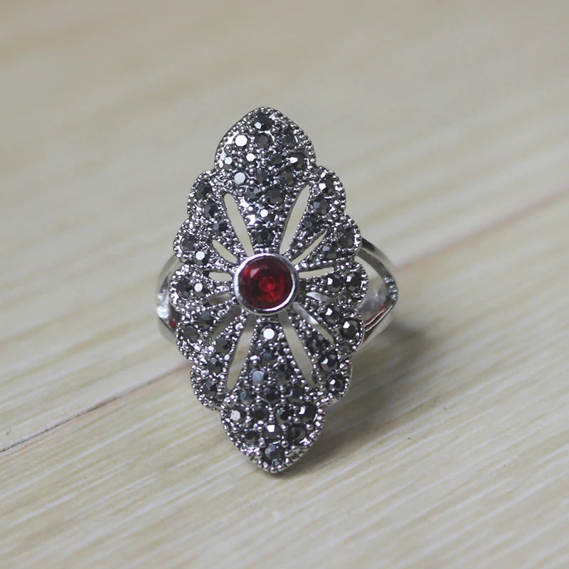 Ajojewel Woman Retro Style Jewelry Set With Red Stone Black Rhinestone Necklace Ring Earrings Vintage Gifts