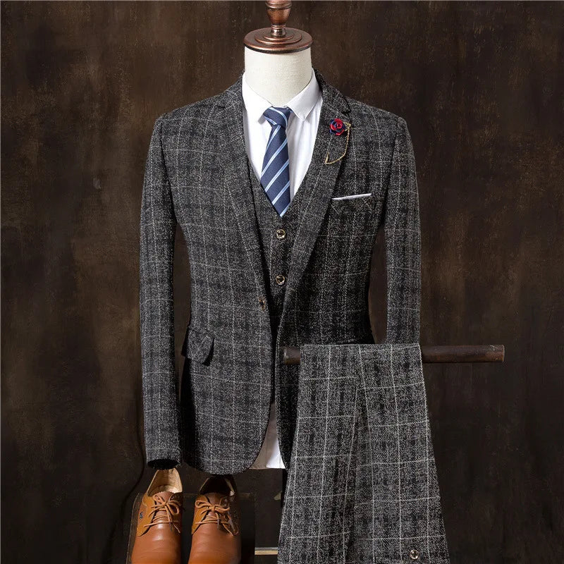 Formal Groom Wear 3 Piece (Blazer+ Vest + Pants) Men's Suit Fashion Business Gentleman Wedding Casual Plaid Cotton Linen Jacket