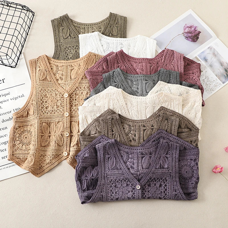 Women's Boho Style Crochet Lace Vest White Beige Green Purple Brown Sleeveless Summer Jackets Coat Hollow Out Knit Cover Ups Top