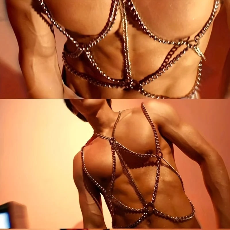 Men'S Fashion Featuring Punk Hip-Hop Street Dance with Tassels, Metallic Clothing, Collarbone Chains, Waist Chains, And Unique O