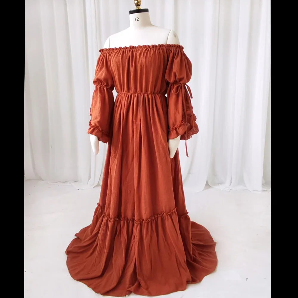 Boho Pregnant Dress Comfortable Linen Cotton One Shoulder Lace Long Sleeved Dress Photography Dress For Women