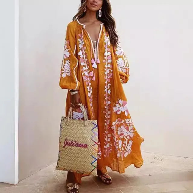 Boho Elegant Print Long Dress For Women Loose Casual V Neck Lace Up Big Hem Long Style Dresses 2024 Fashion New Lady Robe