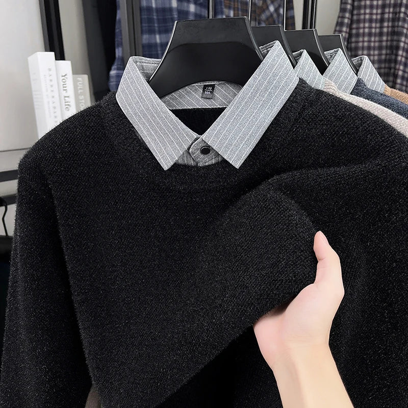 2025 Autumn and Winter Fashionable Men's Business Wear with A Lapel and Lined Sweater with An Inner Knitted Shirt