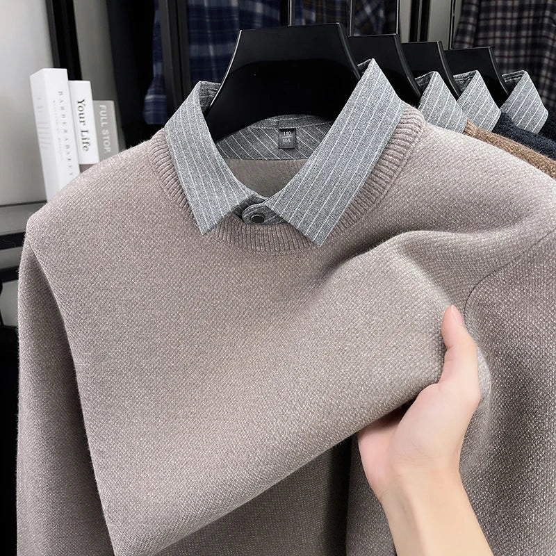 2025 Autumn and Winter Fashionable Men's Business Wear with A Lapel and Lined Sweater with An Inner Knitted Shirt
