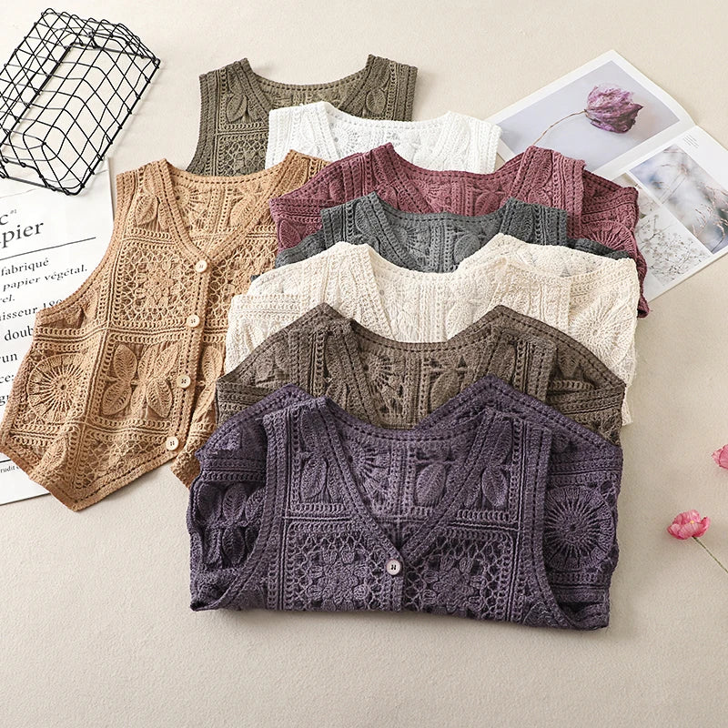 Women's Boho Style Crochet Lace Vest White Beige Green Purple Brown Sleeveless Summer Jackets Coat Hollow Out Knit Cover Ups Top