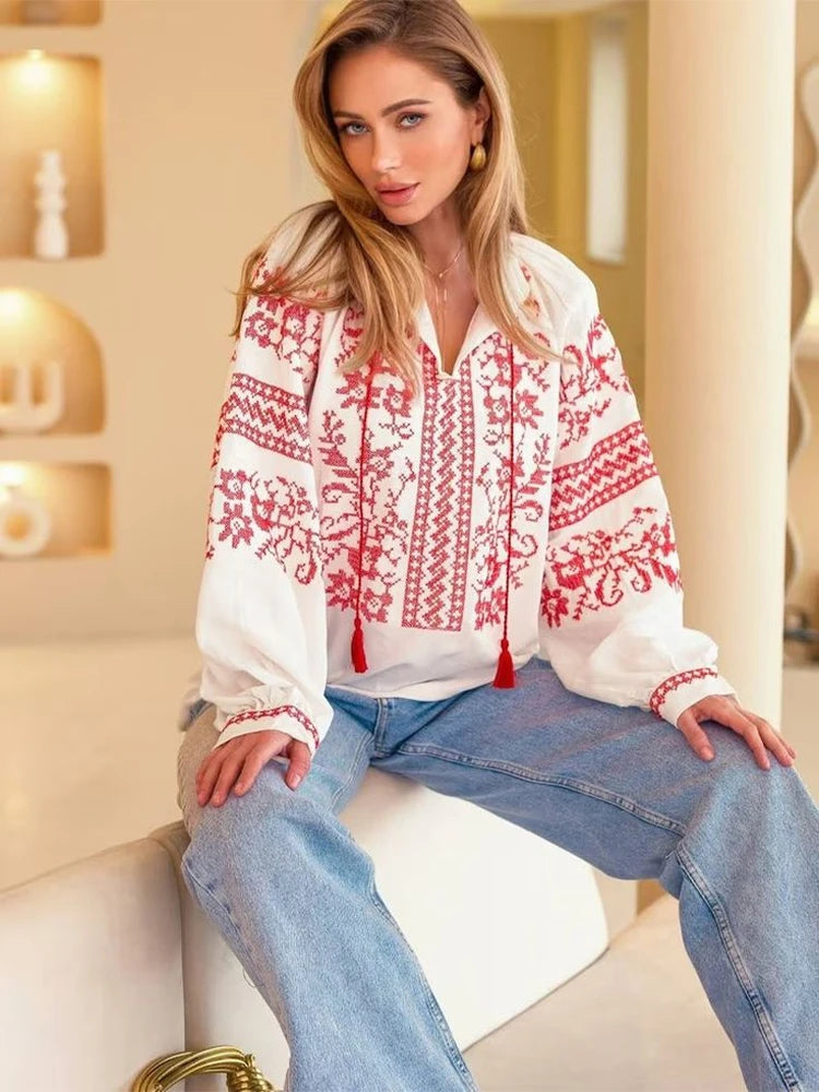 Boho Women's Retro Blouse National Style Print Lace-Up Tassel O-Neck Lantern Sleeve Tops Loose All-Match Female Blusa 2025