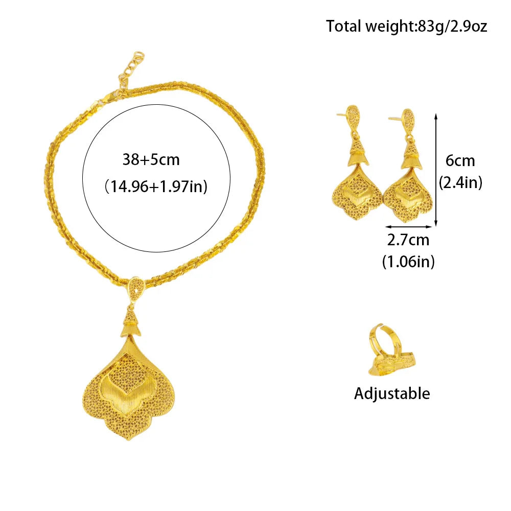 Jewelery Set For Women Dubai 24K Gold Color Jewlery African Designer Wedding Bridal Necklace Earring Ring Gift