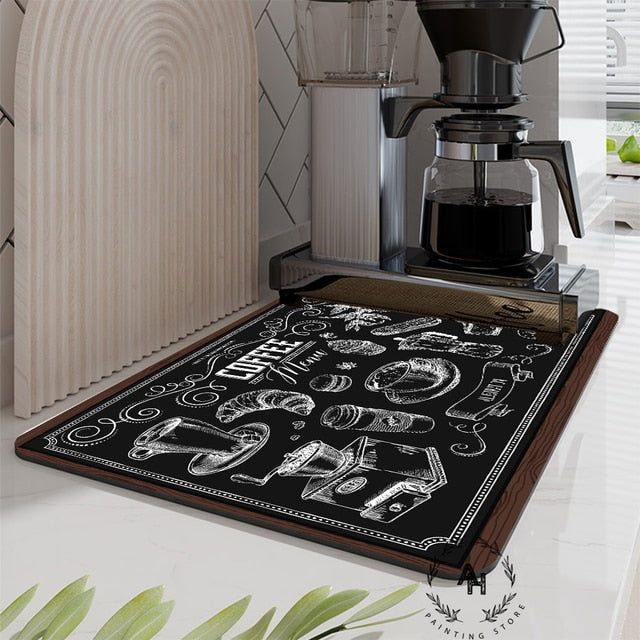 Retro Cafe Design Drain Pad Tableware Coffee Cup Placemat Kitchen Rugs Dish Drainer Absorbent Durable Napa Skin Bath Table Mat