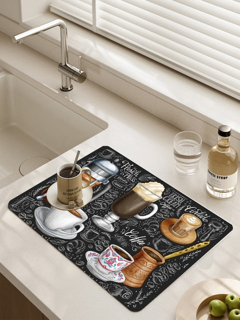 Retro Cafe Design Drain Pad Tableware Coffee Cup Placemat Kitchen Rugs Dish Drainer Absorbent Durable Napa Skin Bath Table Mat