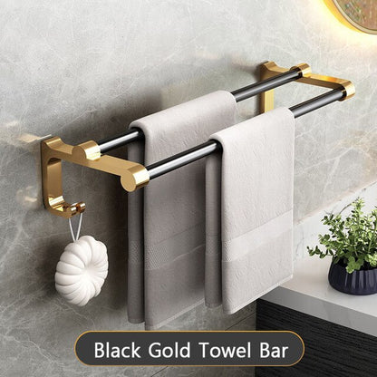 Black Gold Towel Rack Toilet Brush Holder Self Adhesive Bath Towel Rack Paper Holder Towel Bar Hanger Hooks Bathroom Accessories