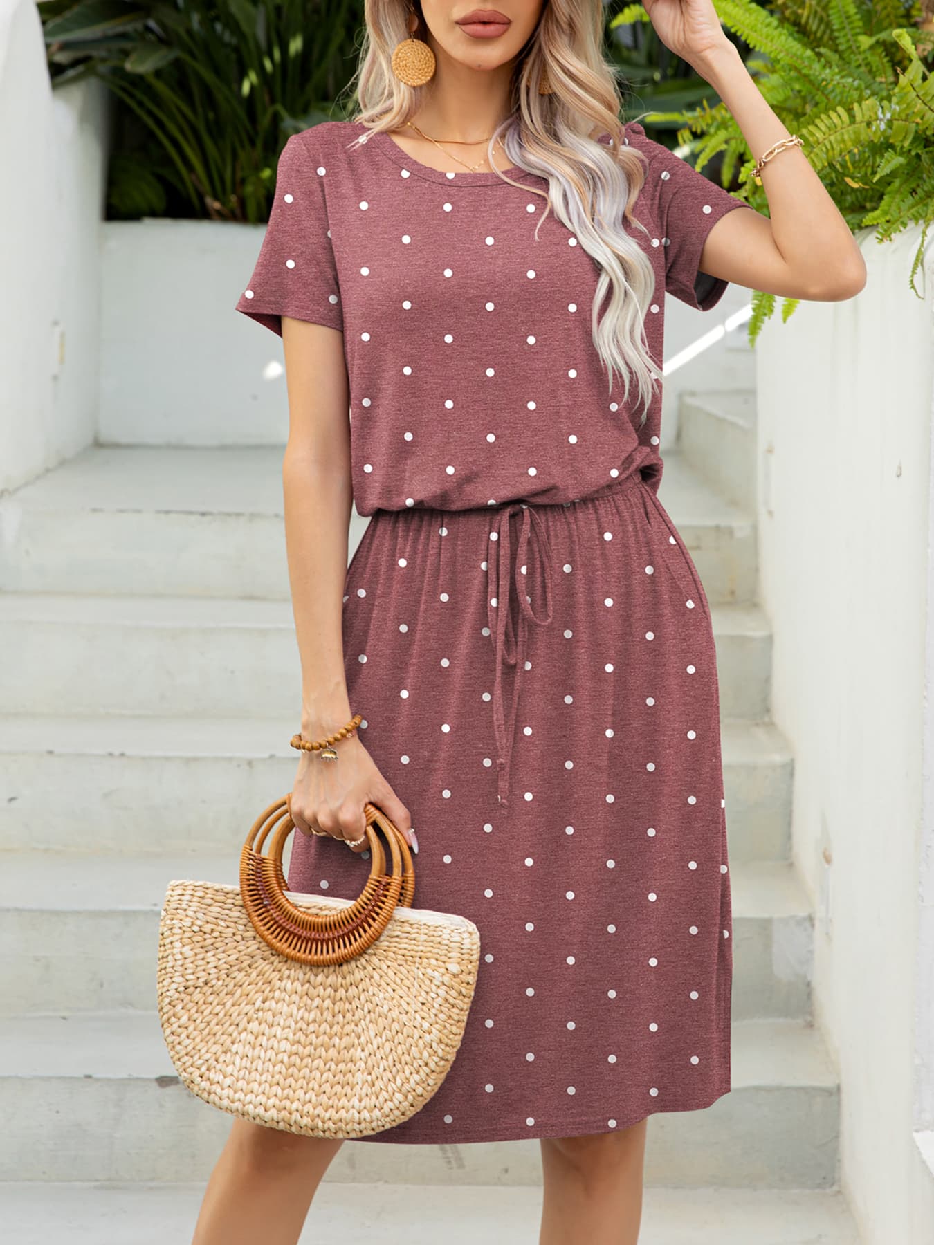 Round Neck Short Sleeve Slit Dress with Pockets