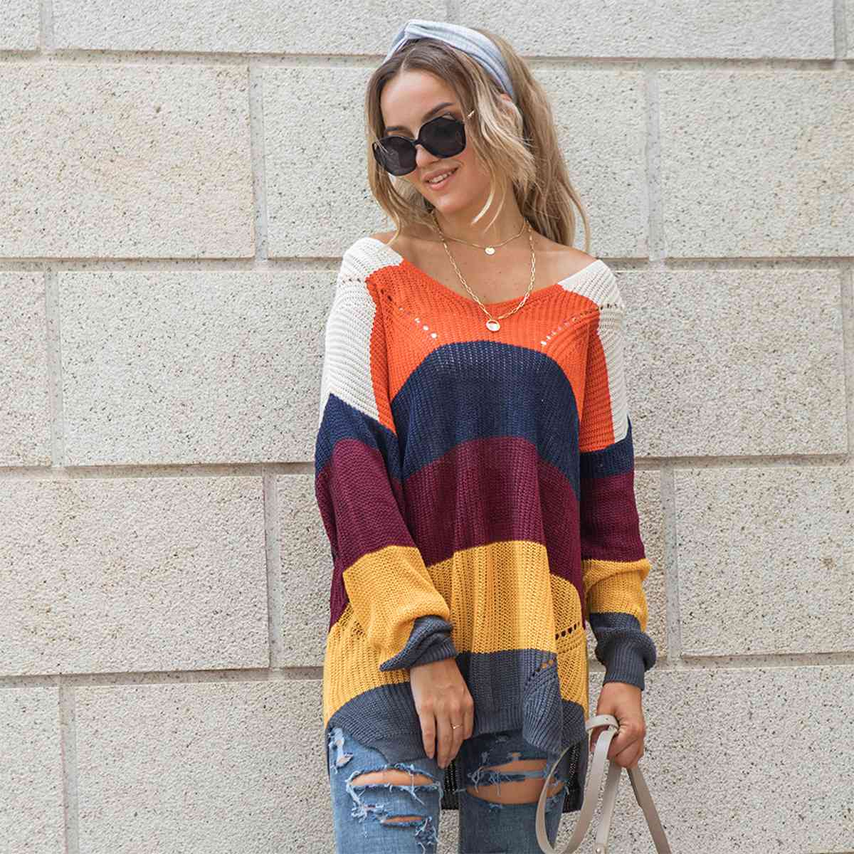 Color Block Openwork Long Sleeve Sweater