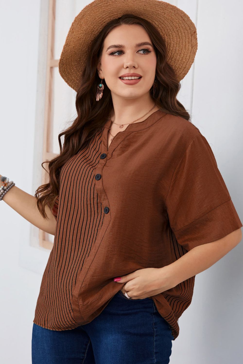 Plus Size Striped Notched Neck Half Sleeve Top