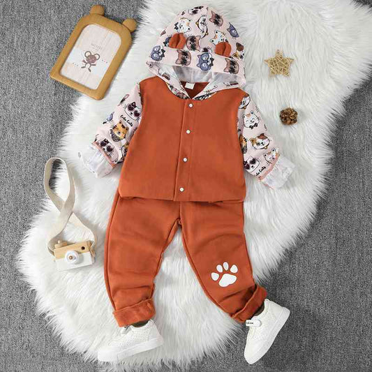 Long Sleeve Cat Pattern Hoodie and Pants Set