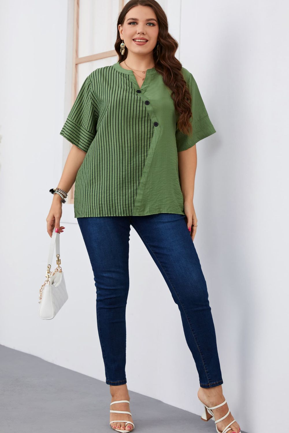 Plus Size Striped Notched Neck Half Sleeve Top