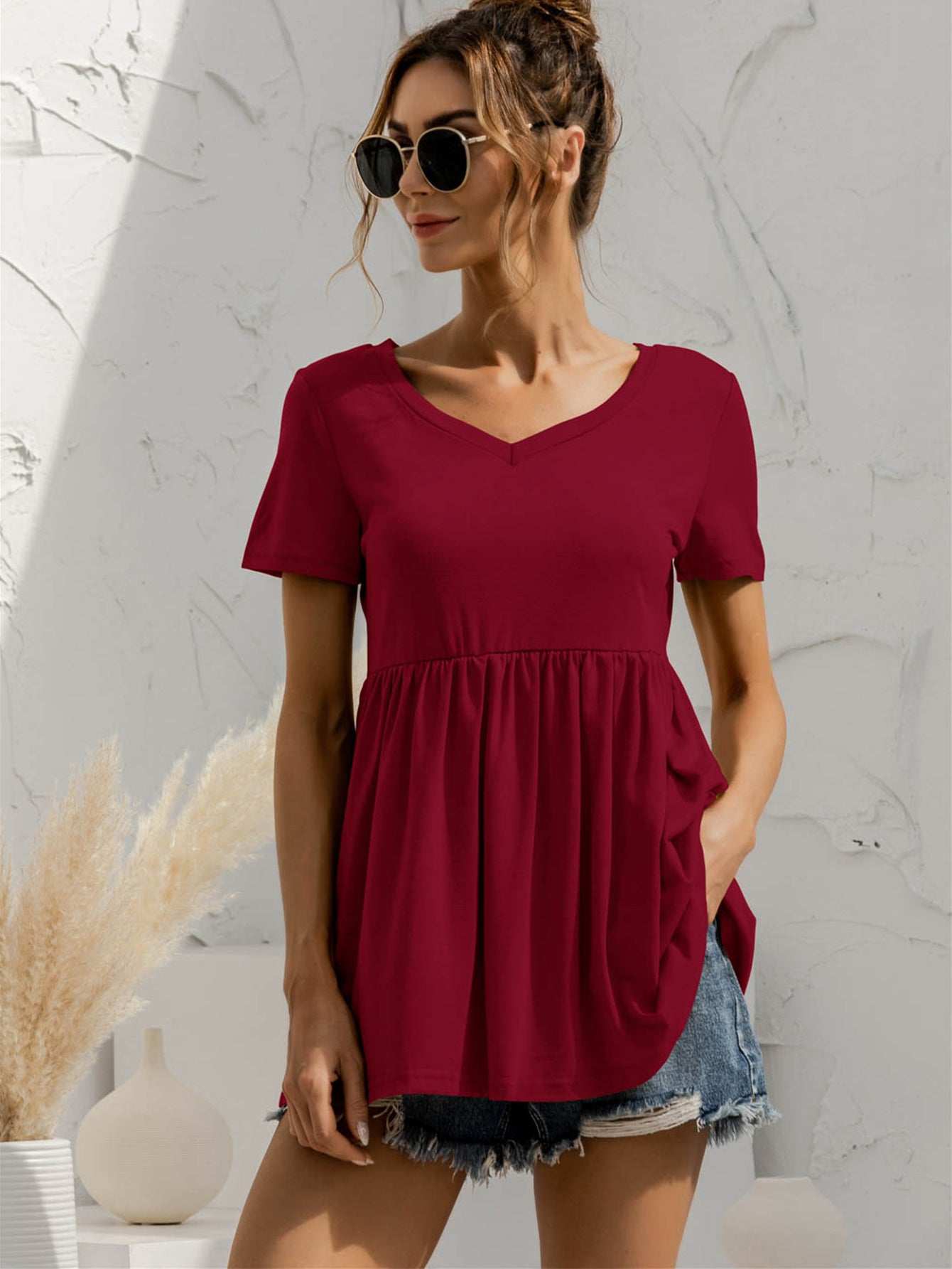 V-Neck Short Sleeve Babydoll Top