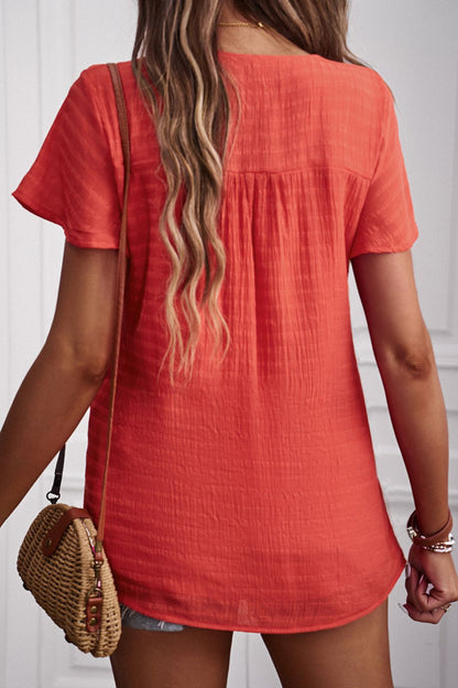 Quarter-Button Round Neck Short Sleeve Top