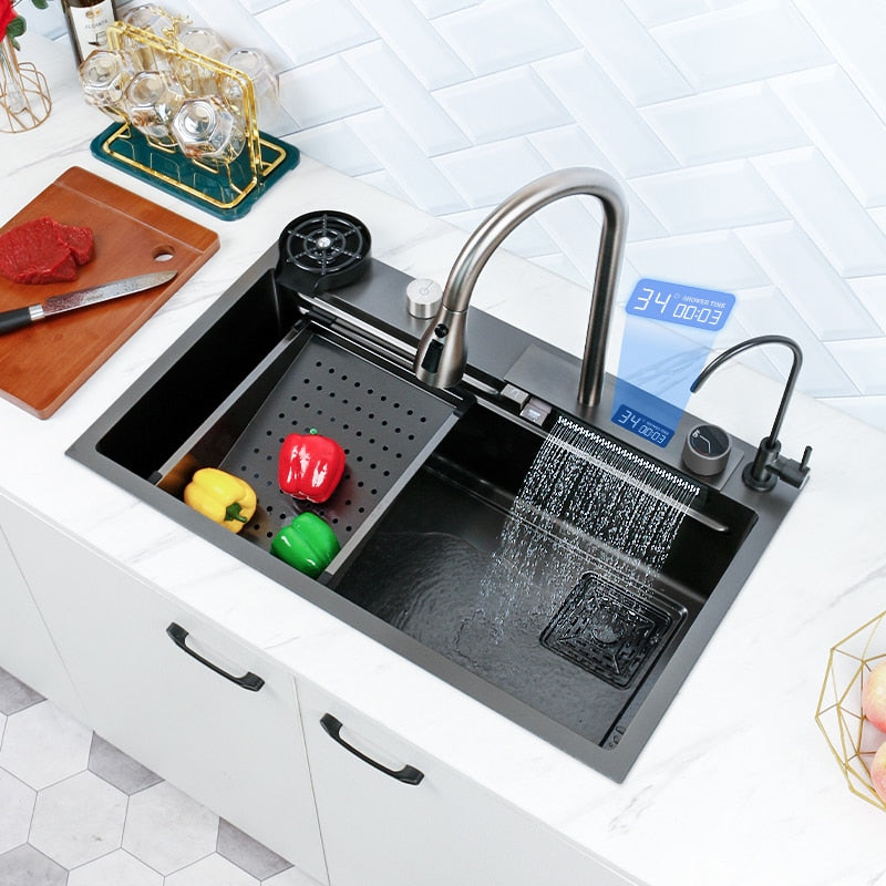 Waterfall Sink  Nano Stainless Steel Kitchen Sink Large Single Slot Kitchen Accessories Waterfall Faucet For Kitchen Renovation