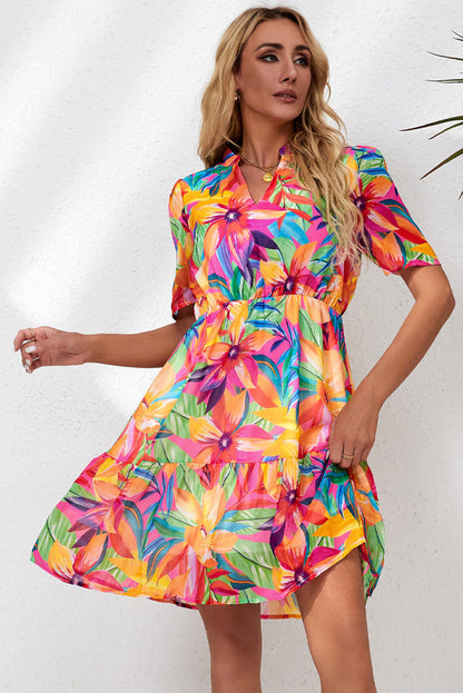 Floral Notched Neck Short Sleeve Dress