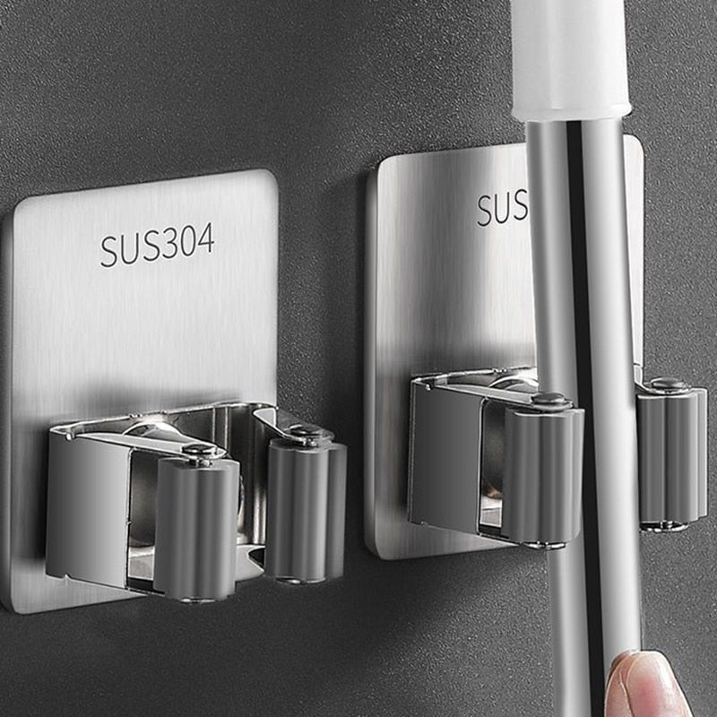 304 Stainless SteelWall Mounted Mop Broom Holder Adhesive Multi-Purpose Hooks Broom Hanger Kitchen Bathroom Accessorie Hook Rack