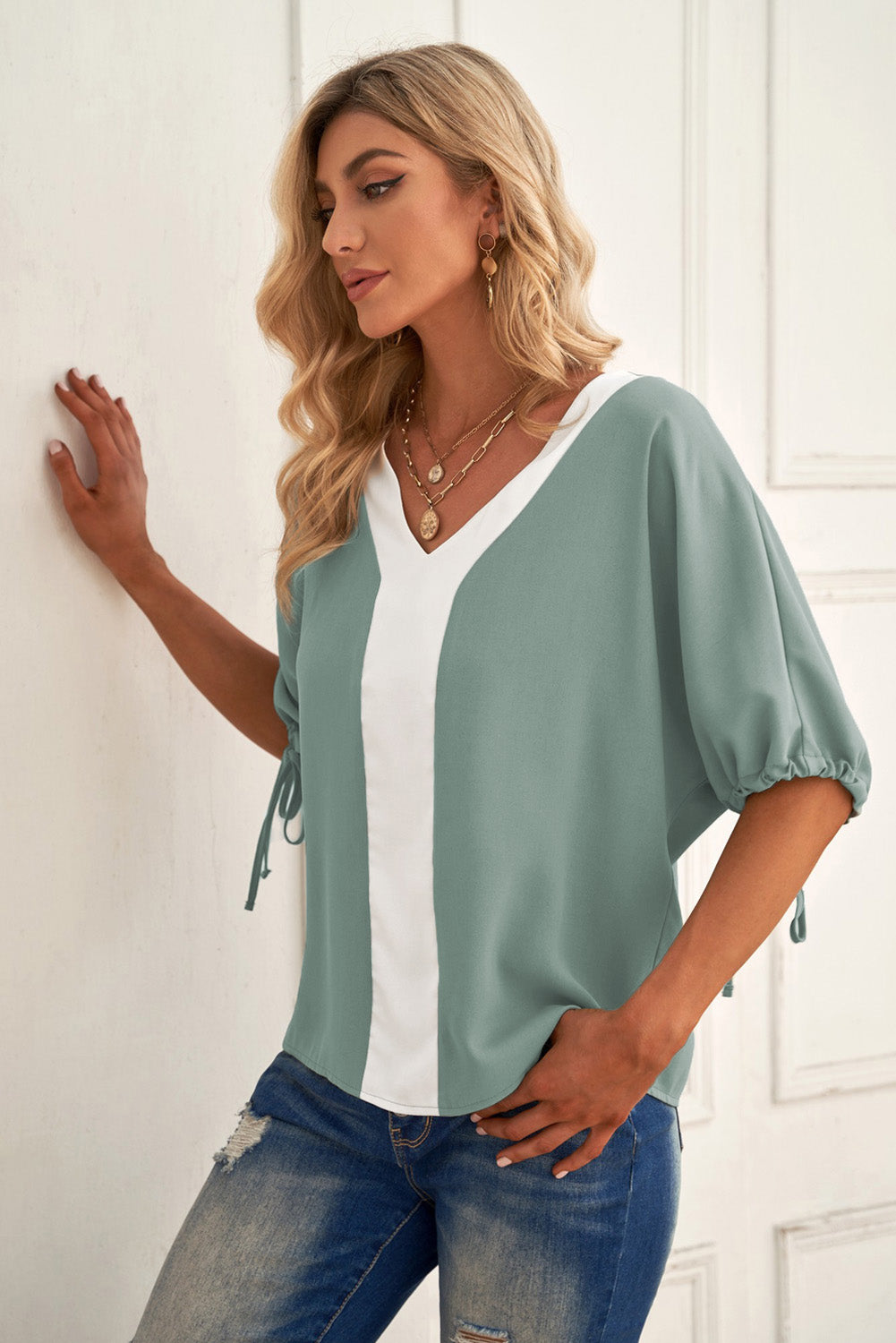 Contrast V-Neck Drawstring Cuff Blouse