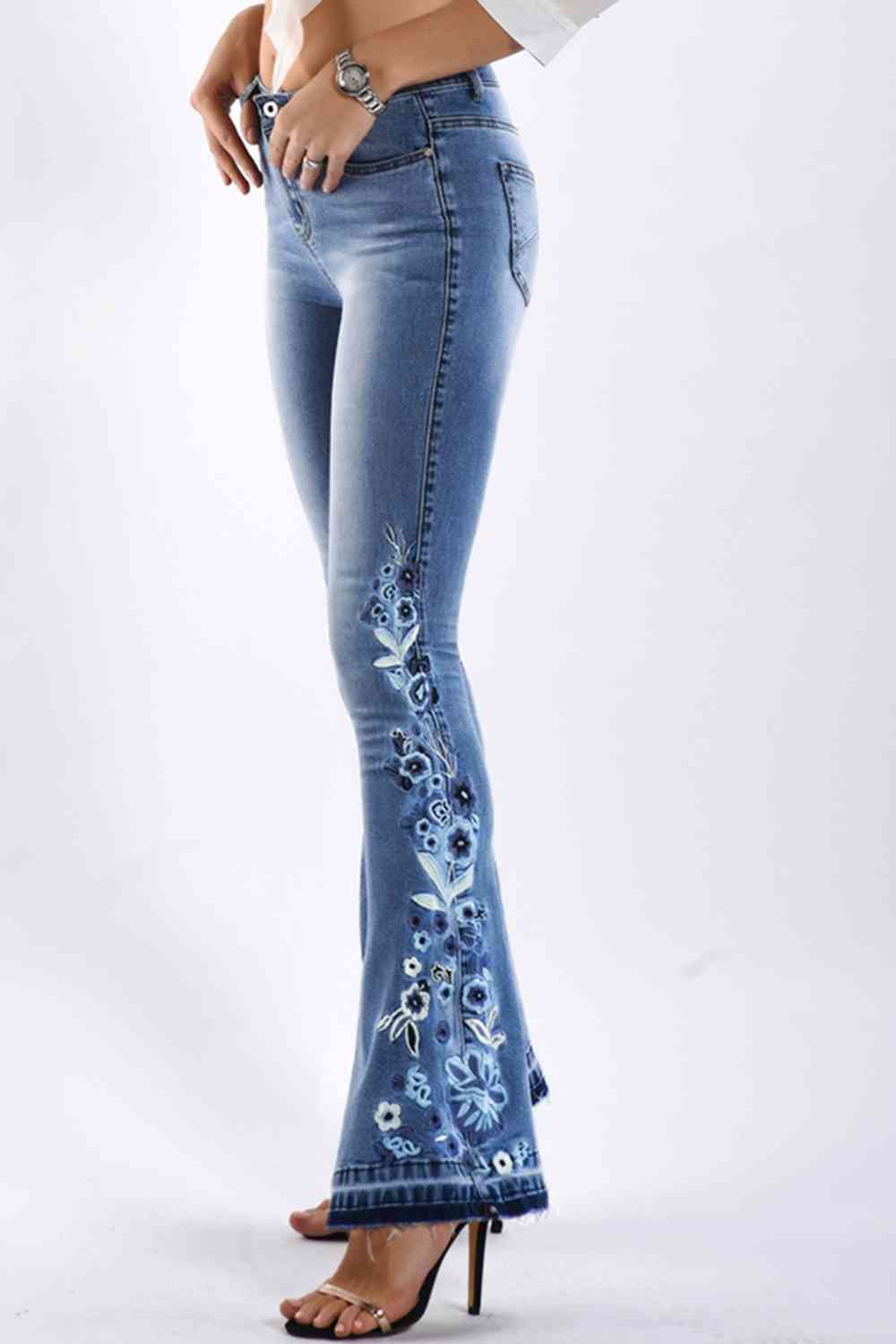 Full Size Flower Embroidery Wide Leg Jeans