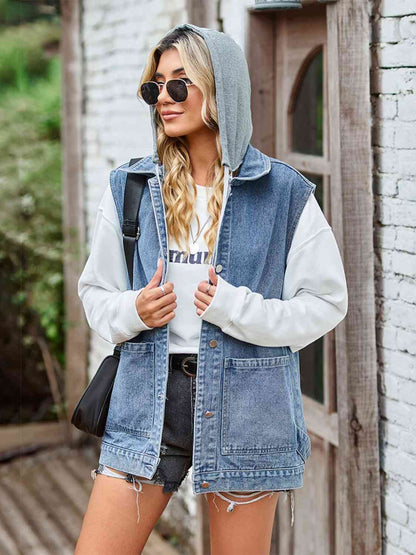 Button Up Sleeveless Denim Jacket with Pockets