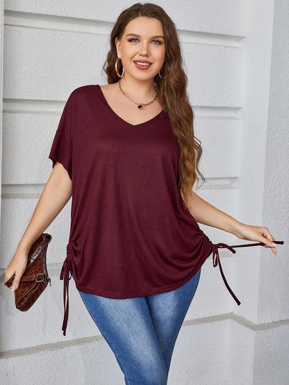 Plus Size Drawstring V-Neck Short Sleeve Blouse