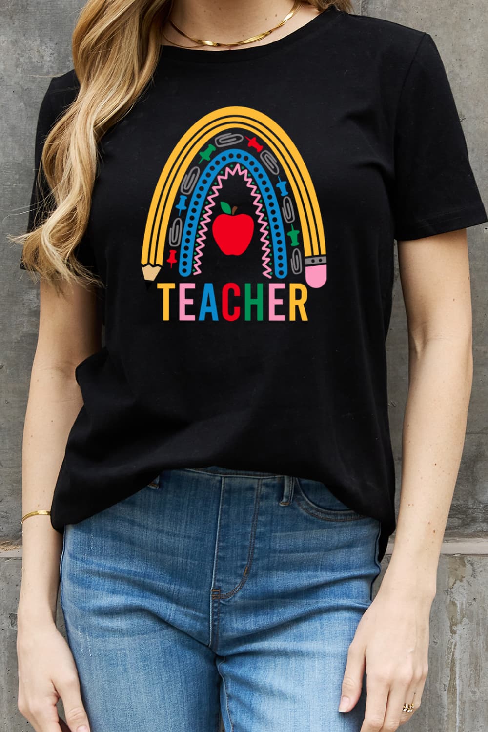 Simply Love Full Size TEACHER Rainbow Graphic Cotton Tee