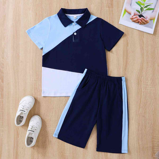 Kids Color Block Polo Shirt and Shorts Set