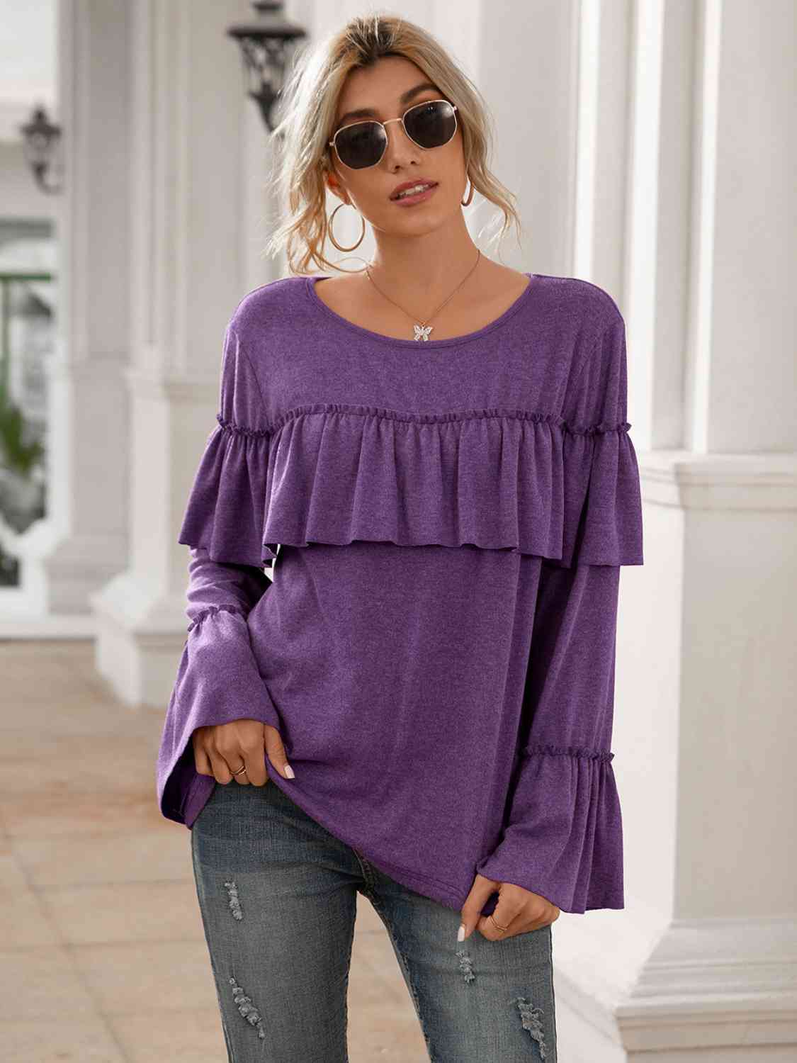 Round Neck Flare Sleeve Top