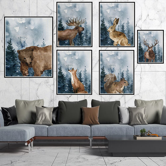 Floral Farm Animals Elk Fox Rabbit Bear Squirrel Wall Art Posters And Prints Picture Canvas Painting Decoration Home Decor