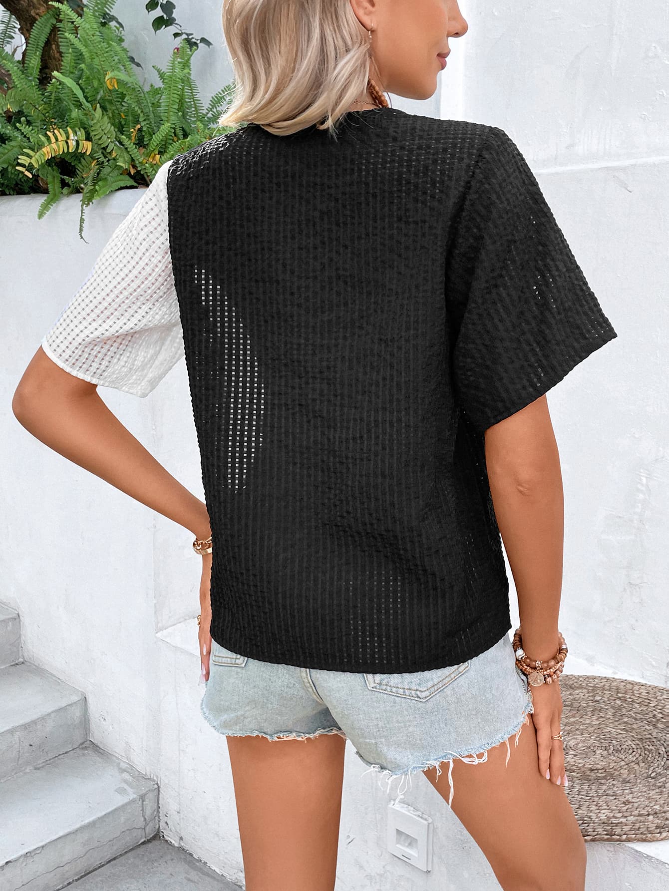 Two-Tone Buttoned Short Sleeve Top