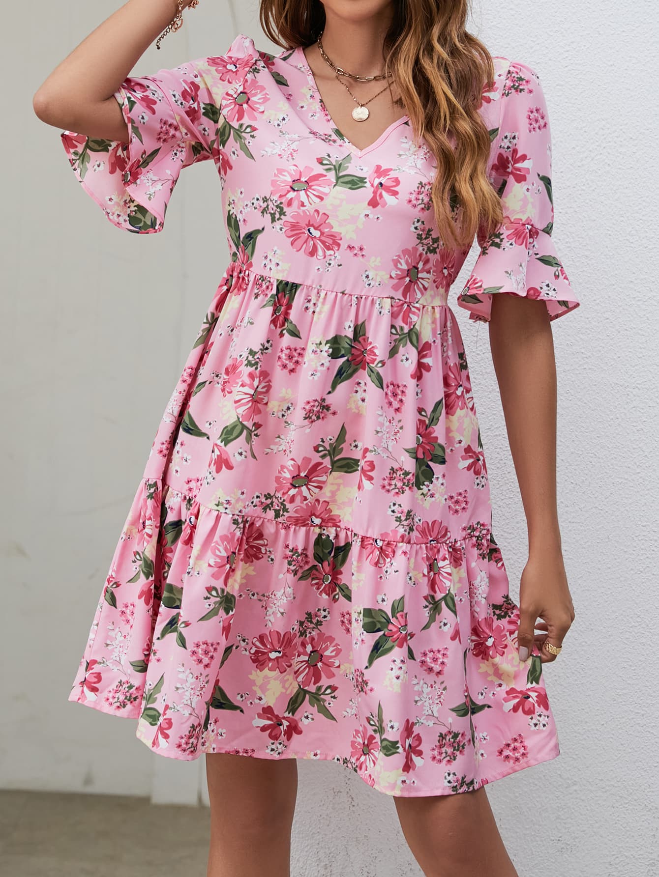 Printed V-Neck Knee-Length Dress