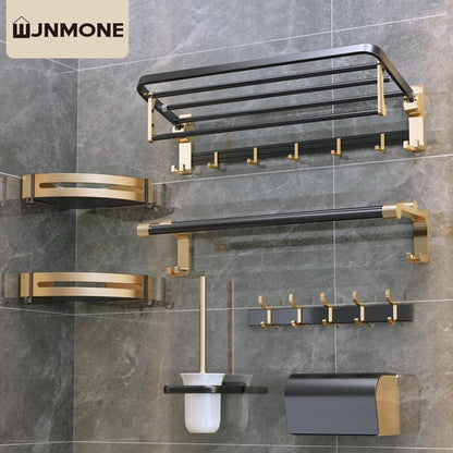 Black Gold Towel Rack Toilet Brush Holder Self Adhesive Bath Towel Rack Paper Holder Towel Bar Hanger Hooks Bathroom Accessories