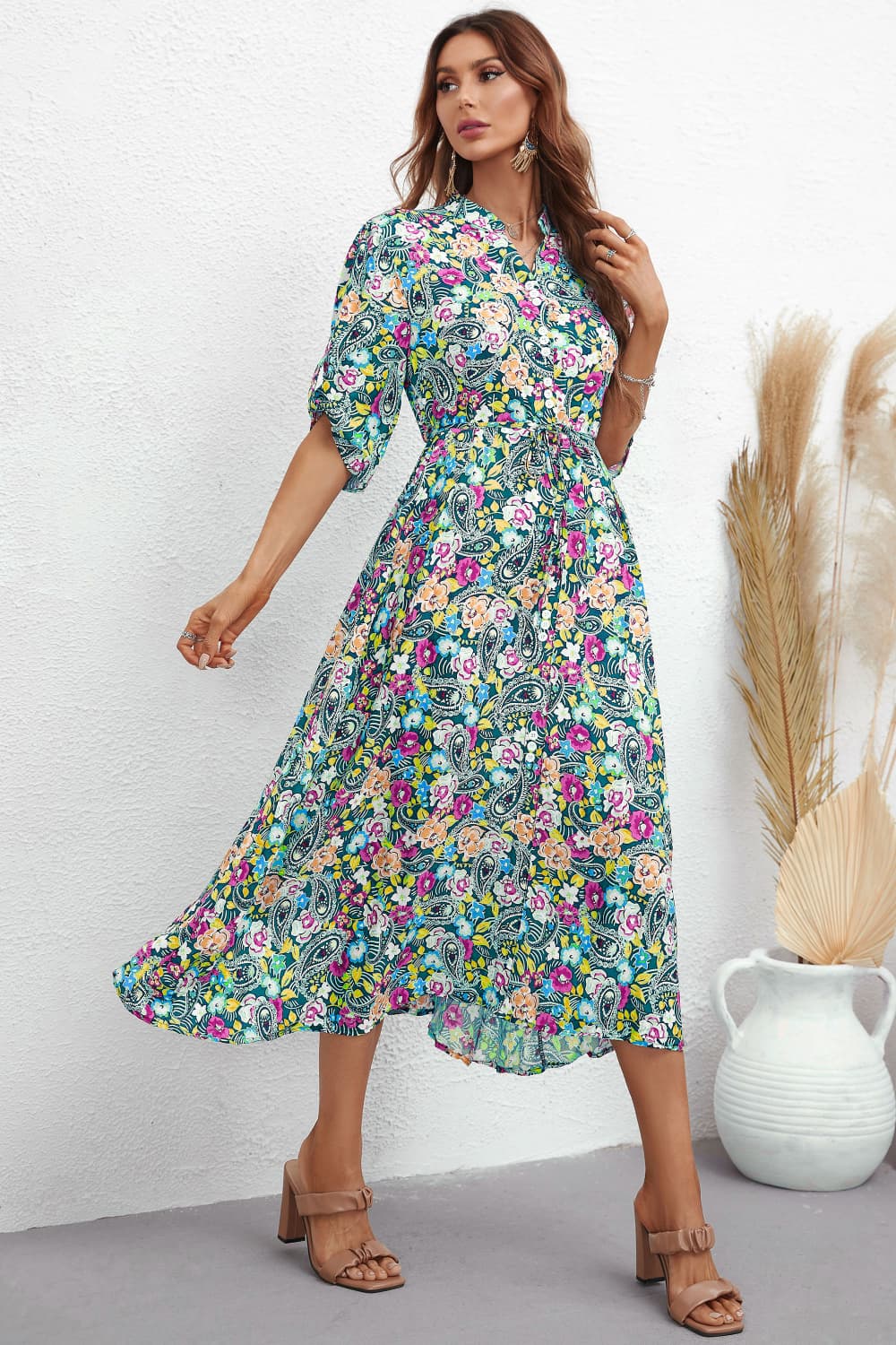 Floral Notched Neck Half Sleeve Dress