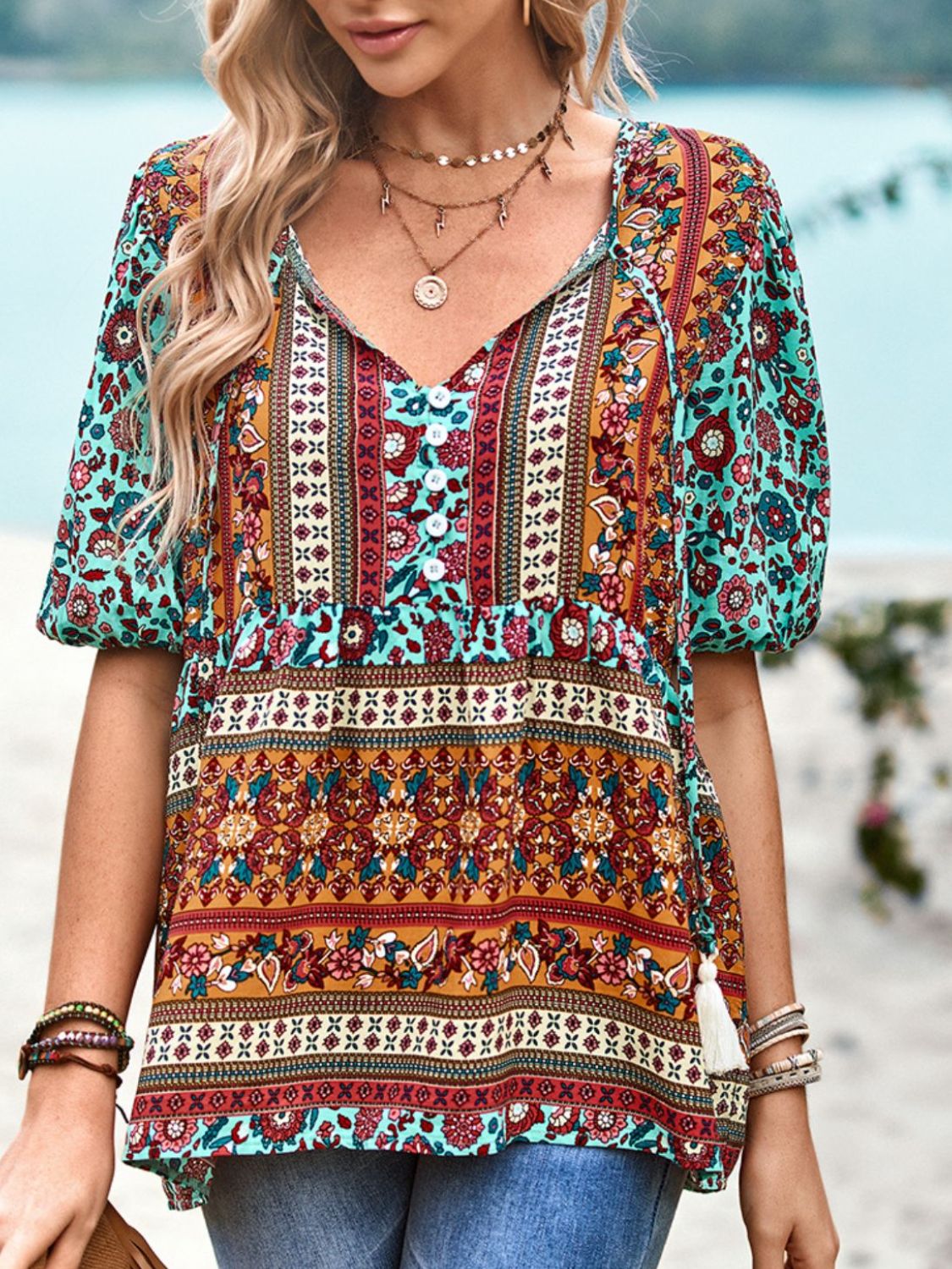 Bohemian Tie Neck Babydoll Blouse