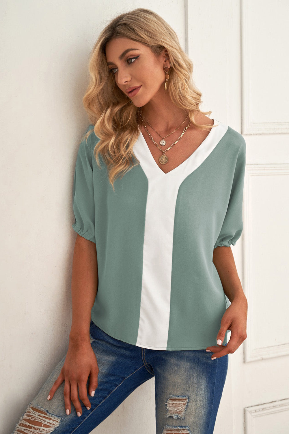 Contrast V-Neck Drawstring Cuff Blouse