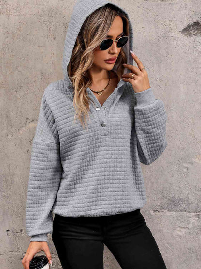 Waffle-Knit Half Button Hoodie